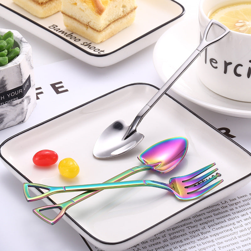 Colorful Stainless Steel Rake and Spade Coffee Spoon and Fork, Small