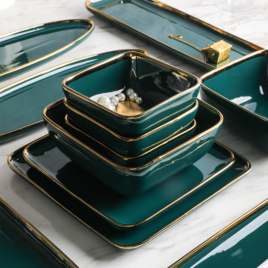 Green Modern Ceramic Tableware with Gold Trimming