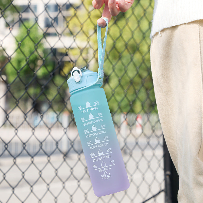 Large Gradient Water Bottle, Portable Drinking With Straw and Timer Marker