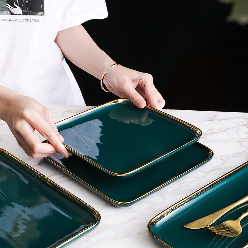 Green Ceramic Trays with Gold Trimming