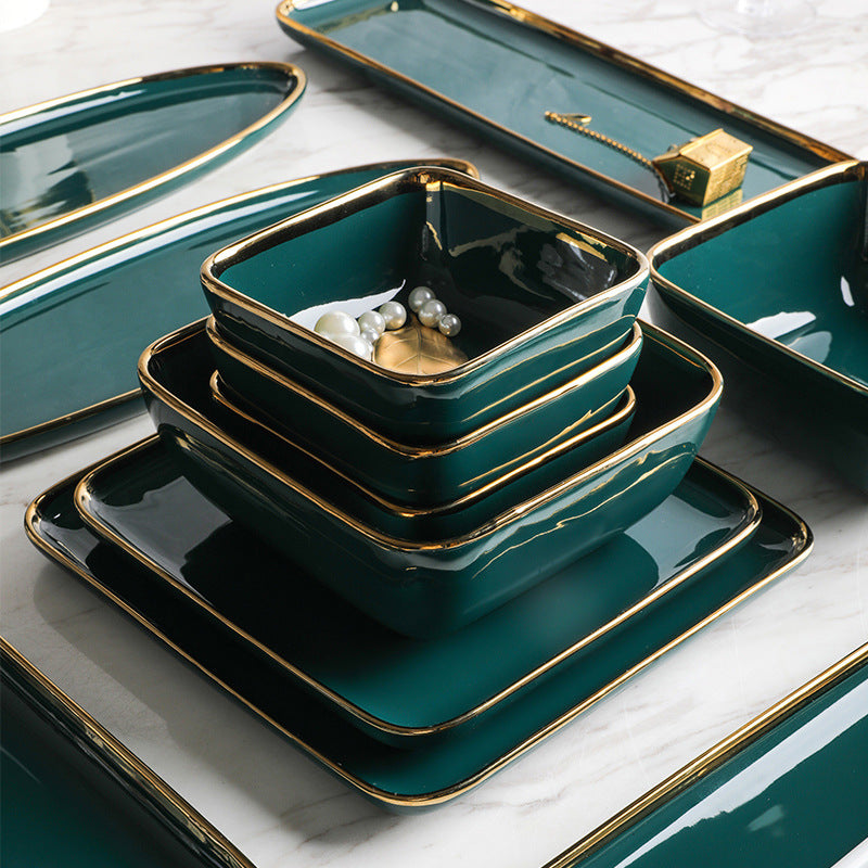 Green Ceramic Trays with Gold Trimming