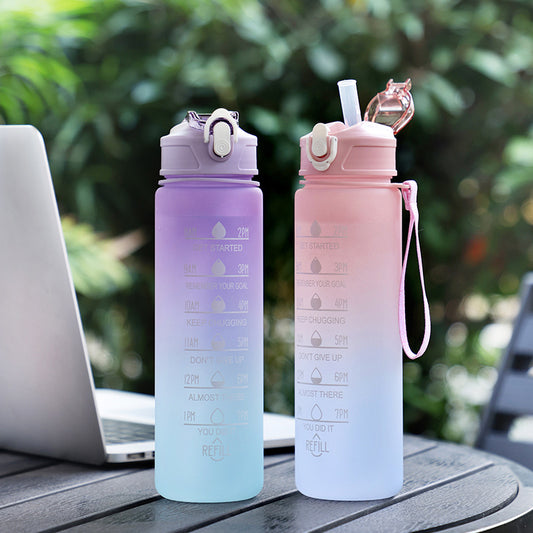 Large Gradient Water Bottle, Portable Drinking With Straw and Timer Marker